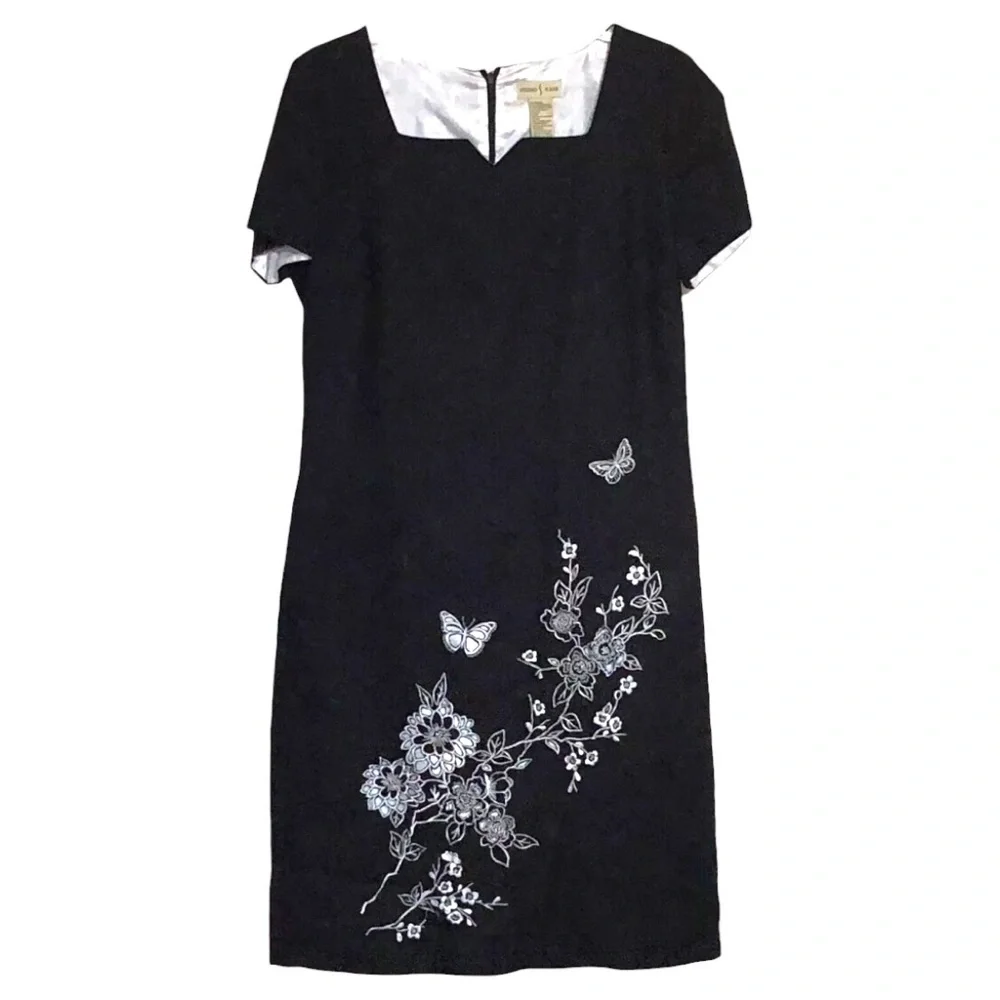 Women’s Linen Blend Classic Black Dress Embroidery Short Sleeve Lined Si… - Picture 1 of 9